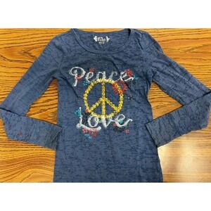 Mudd Kids Blue Peace Love Graphic Tee Long Sleeve Sheer Burnout Top Size M 10/12